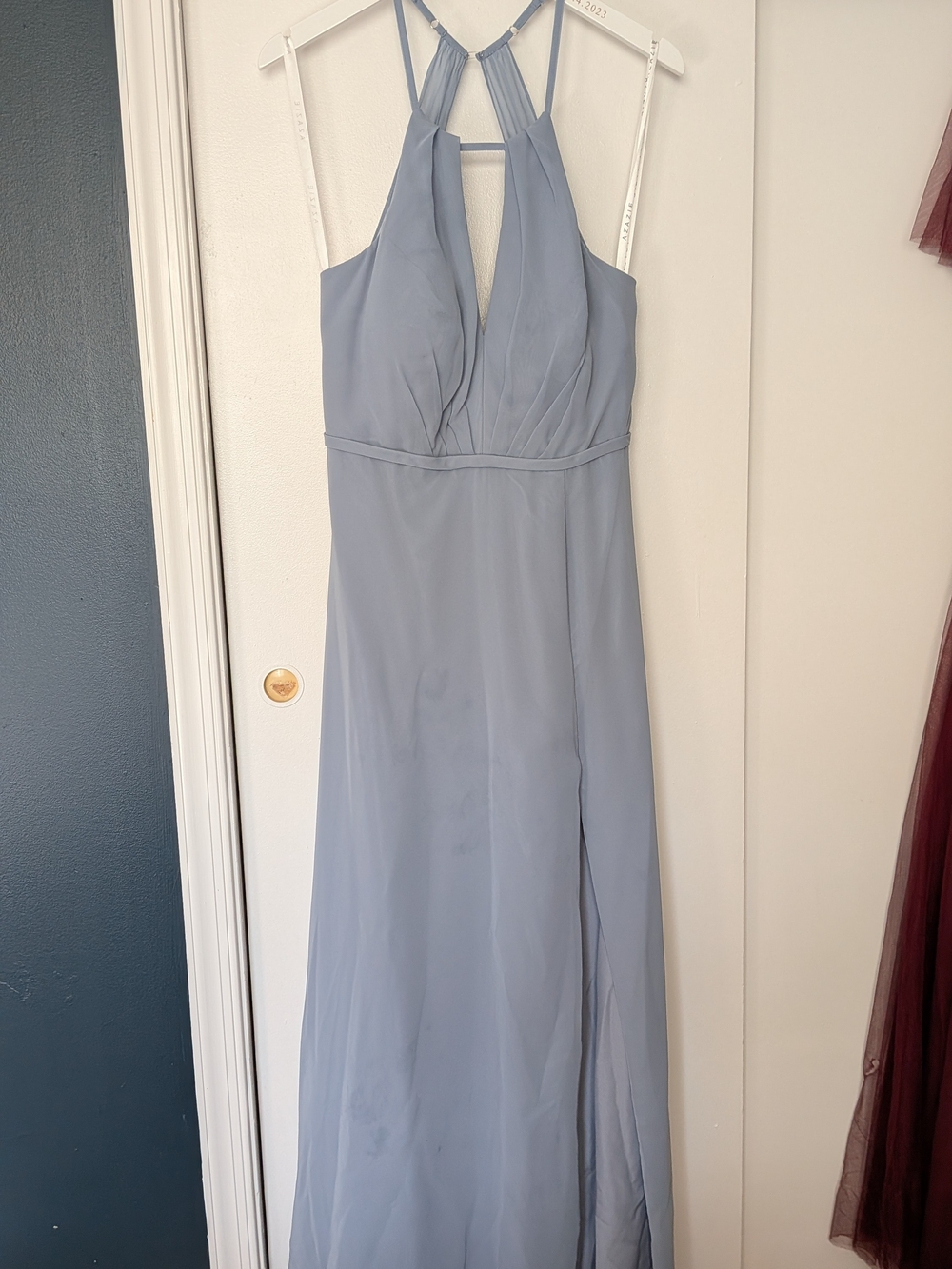 Azazie Dusty Blue Backless Halter Gown